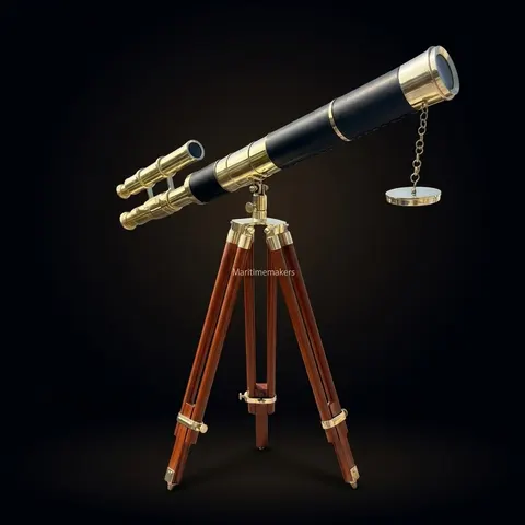 Double Barrel Brass & Wood Floor Standing Telescope 50" with Rosewood Tripod Stand view 1