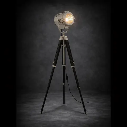 Chrome Spotlight on Black Wooden Tripod view 1