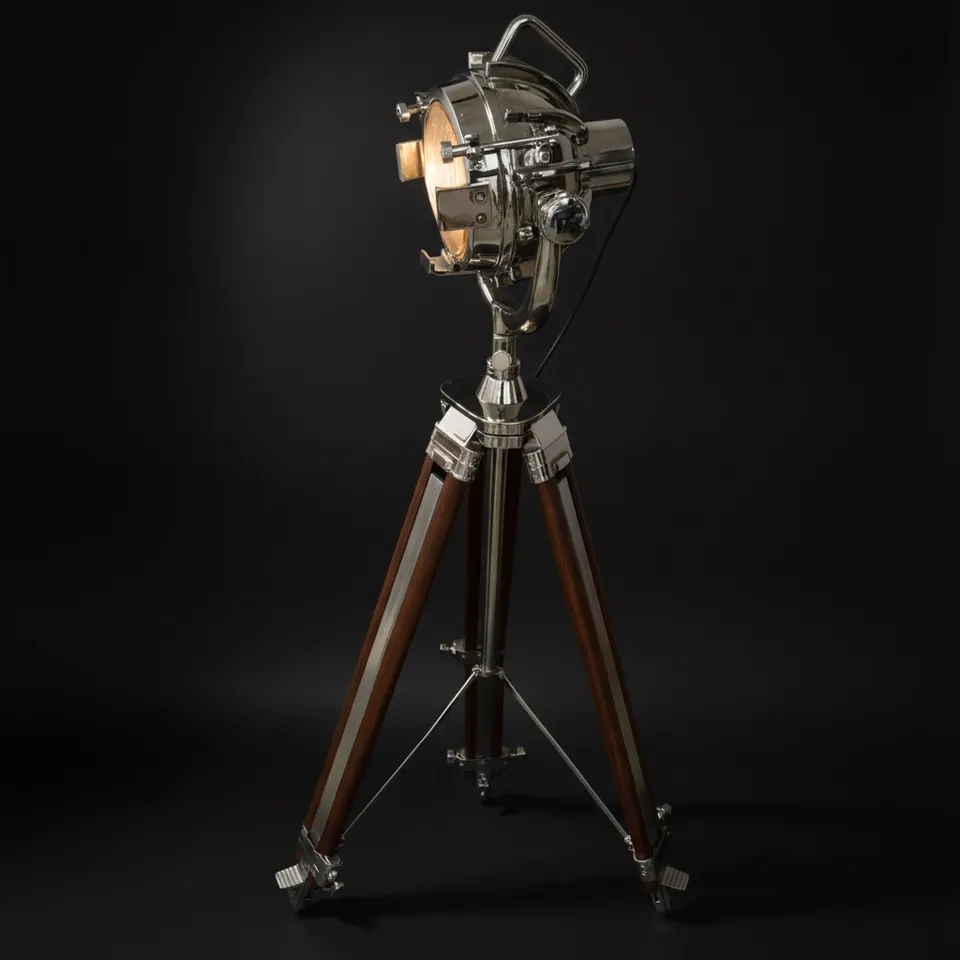 Chrome Spotlight on Wooden Tripod