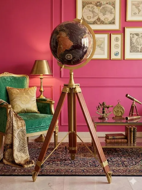 Large Dark Globe on Wooden Tripod Stand with Brass Ring view 1