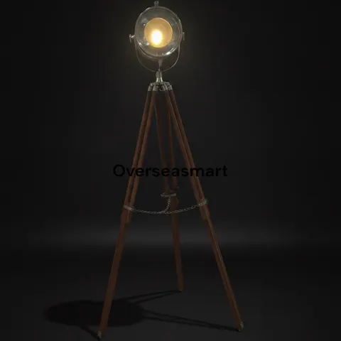 Chrome Spotlight on Wooden Tripod view 1