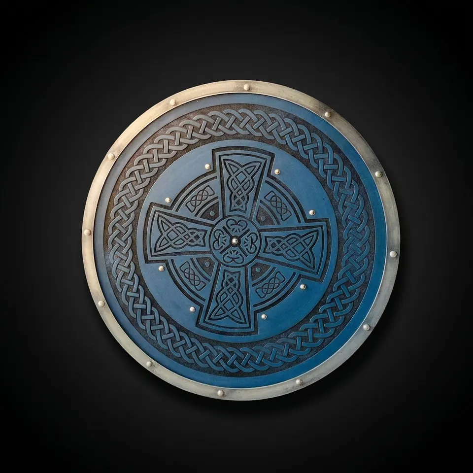 Hand Engraved Celtic Cross Shield with Norse Viking Décor
