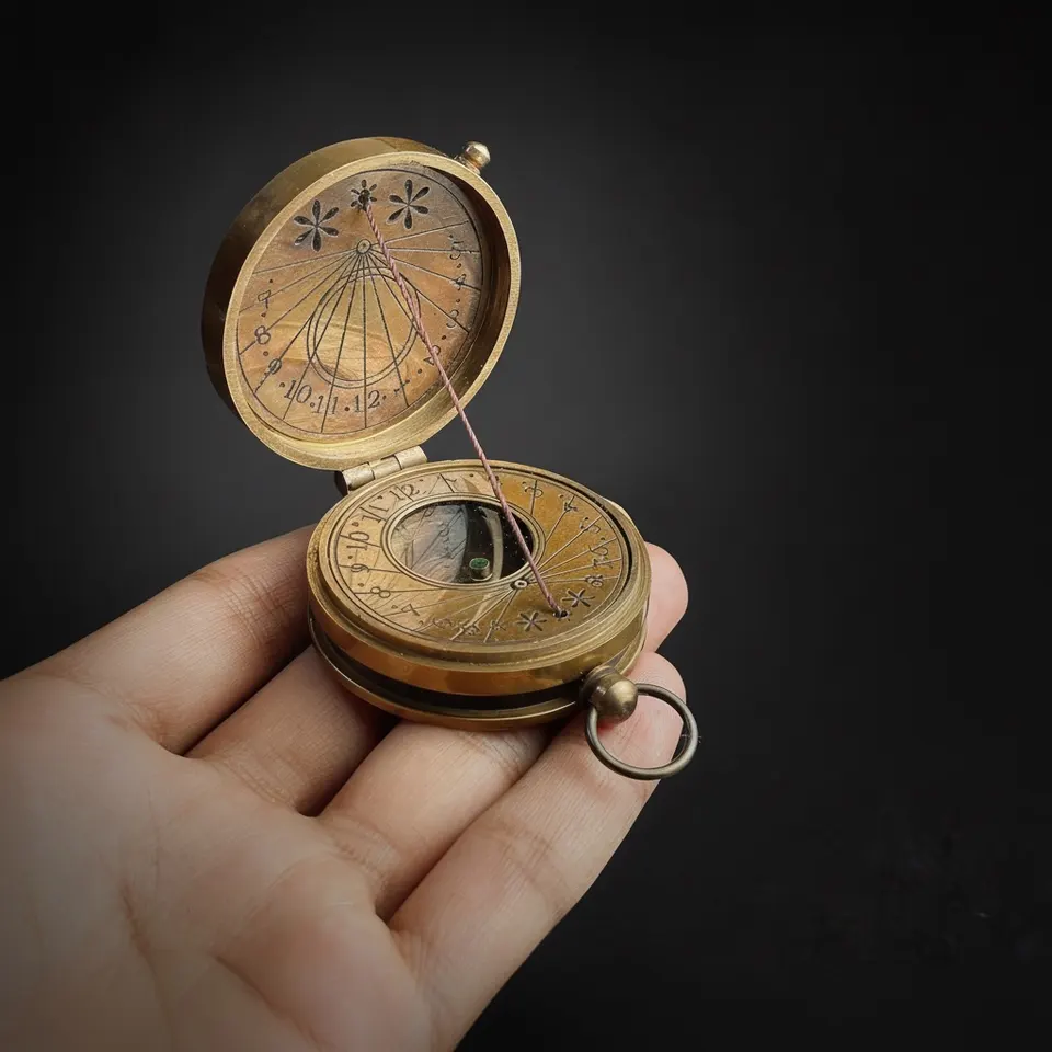 Antique Brass Sundial Compass with Leather Case