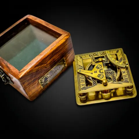 Antique Brass Sundial Compass with Glass-Topped Wooden Presentation Box view 1