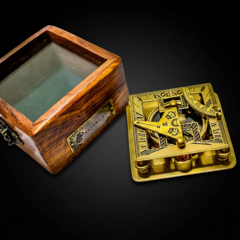 Antique Brass Sundial Compass with Glass-Topped Wooden Presentation Box