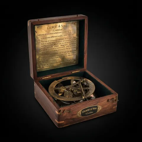 Antique Brass Sundial Compass with Rosewood Presentation Box view 1