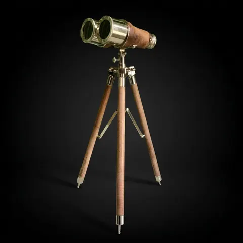 Brass Binocular with Brown Leather Wrap and Matching Tripod Stand view 1