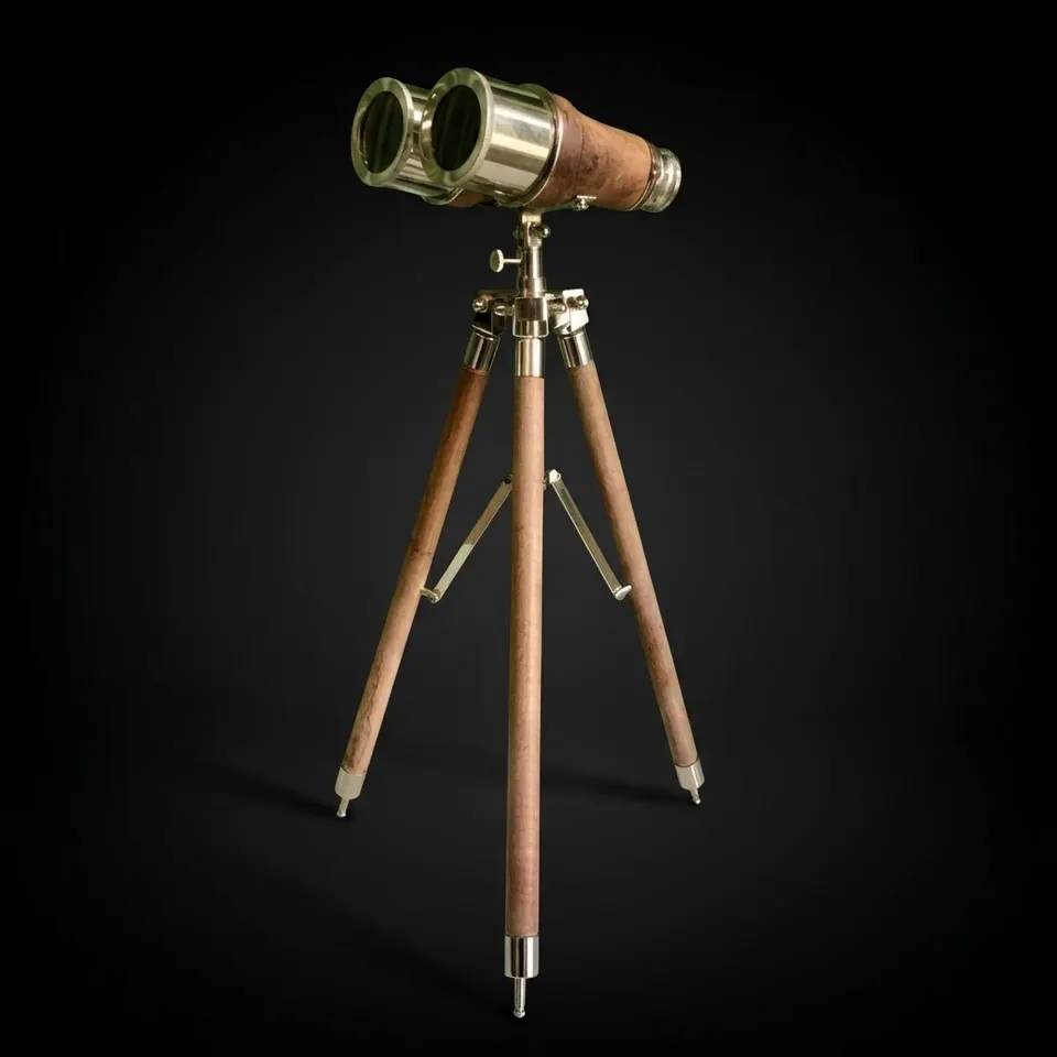 Brass Binocular with Brown Leather Wrap and Matching Tripod Stand