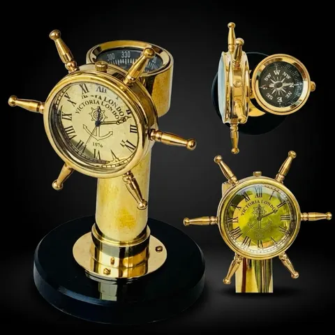 Ship Wheel Brass Desk Clock with Compass view 1