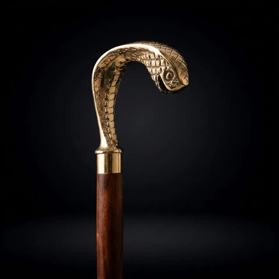 Polished Brass Cobra Handle Rosewood Walking Stick