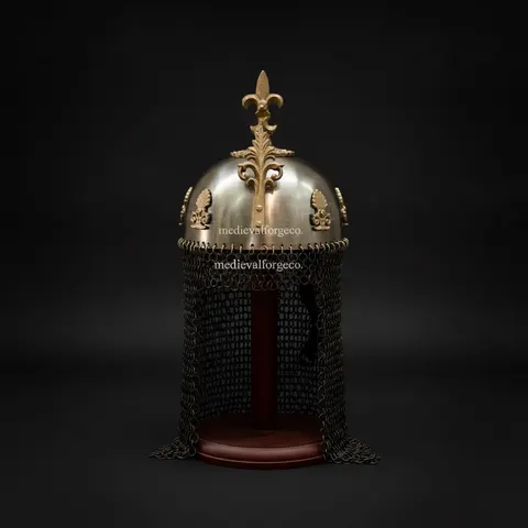 Royal Crusader Chainmail Helmet — Brass Finish Norman view 1