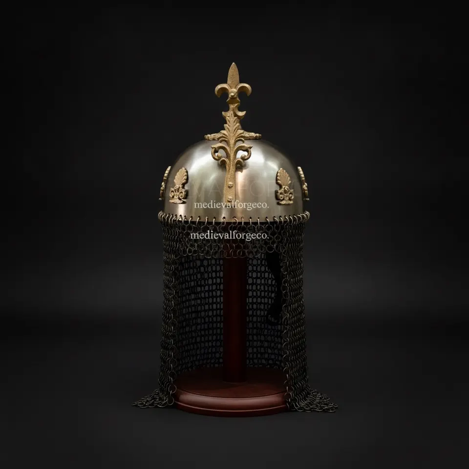 Royal Crusader Chainmail Helmet — Brass Finish Norman