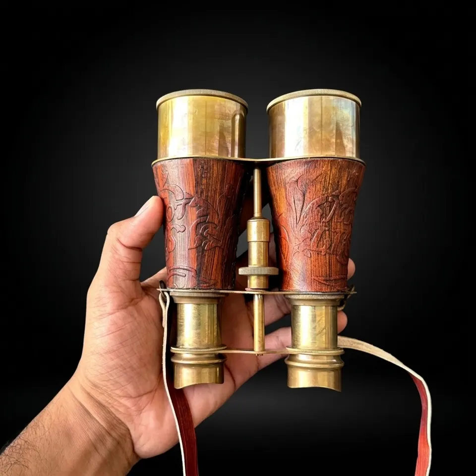 Antique Brass Binocular with Red Engraved Leather Wrap and Case