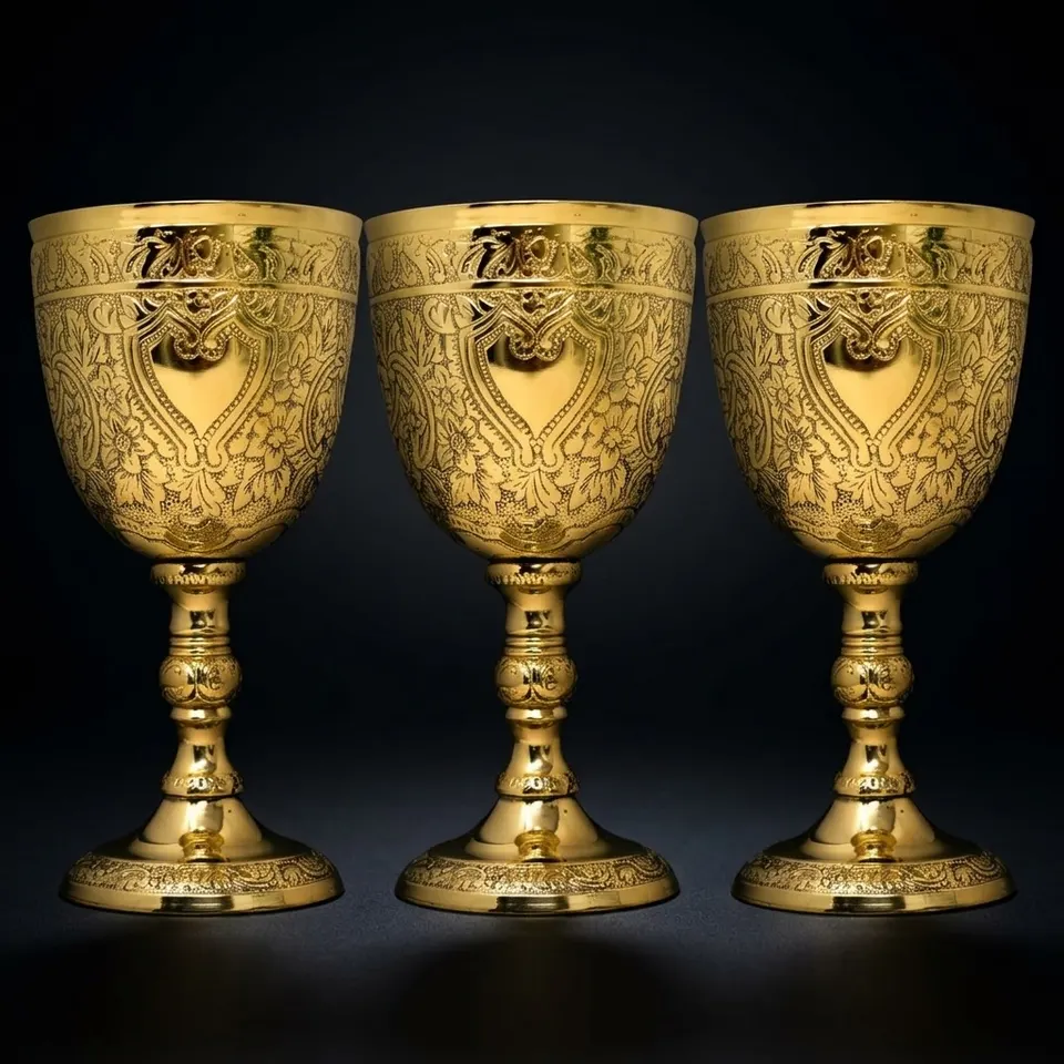 Solid Brass Roman Embossed Goblet Set of Three