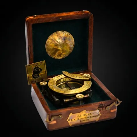 Antique Brass Sundial Compass with Velvet-Lined Wooden Presentation Box view 1