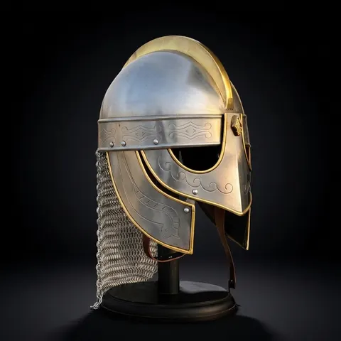 Medieval Knight Helmet with Chainmail — Brass Trim view 1