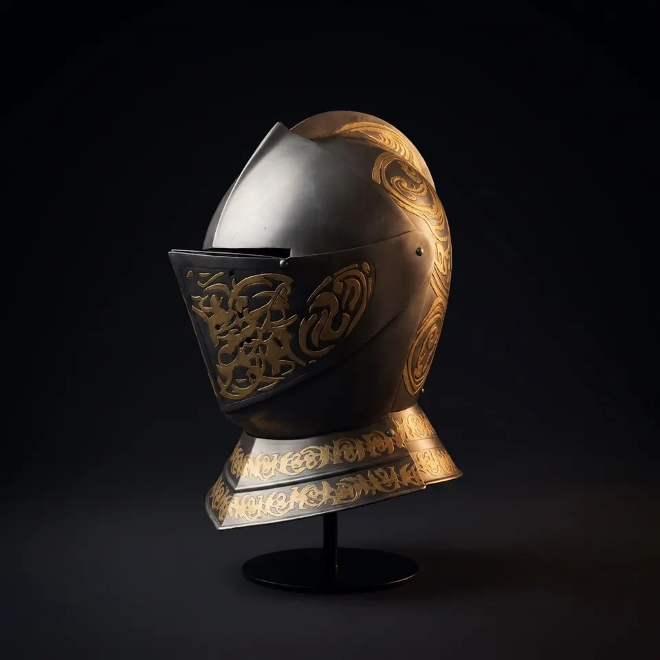 Aurelian Engraved Knight Helmet — Gold Etching