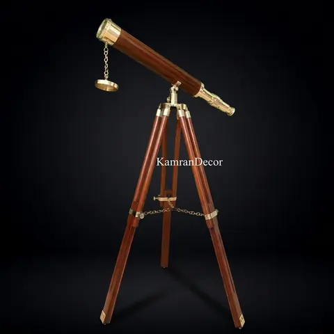 Brass & Wood Floor Standing Telescope 18" with Wooden Tripod Stand view 1