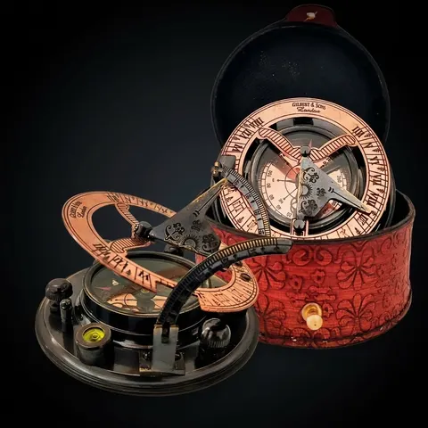 Black Antique Brass Sundial Compass with Red Leather Case view 1