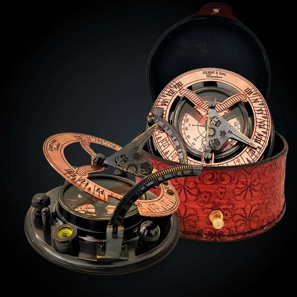 Black Antique Brass Sundial Compass with Red Leather Case