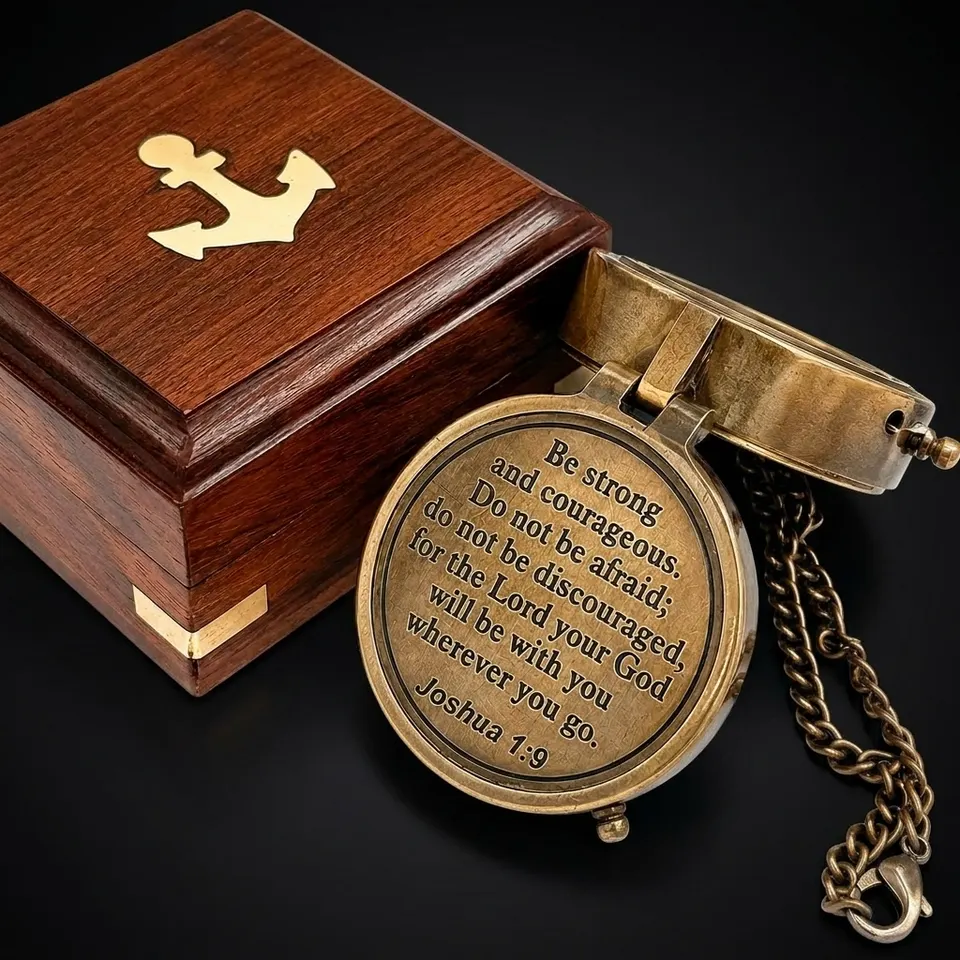Joshua 1:9 Compass, Wooden Box