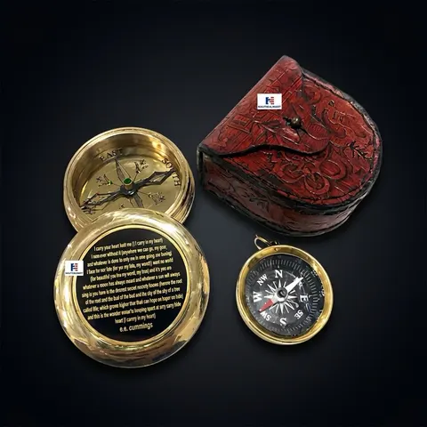Polished Brass Compass, Leather Case view 1