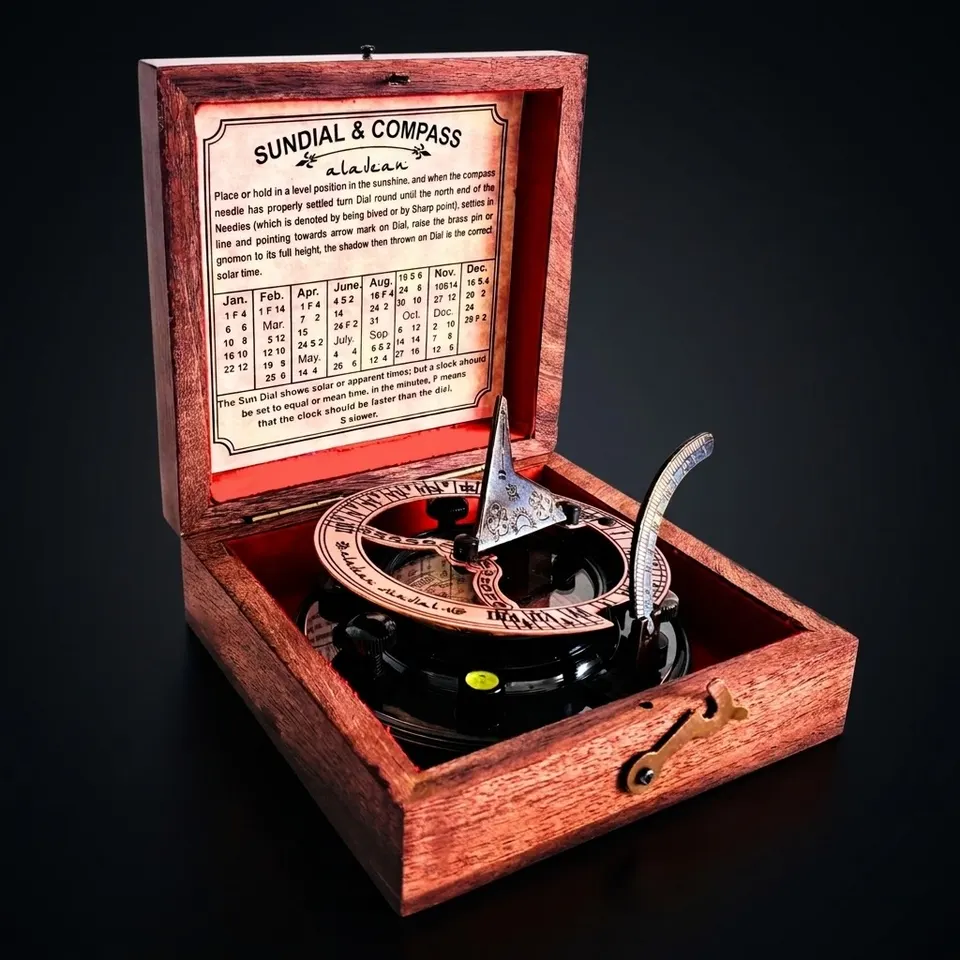 Antique Brass Sundial Compass with Wooden Box