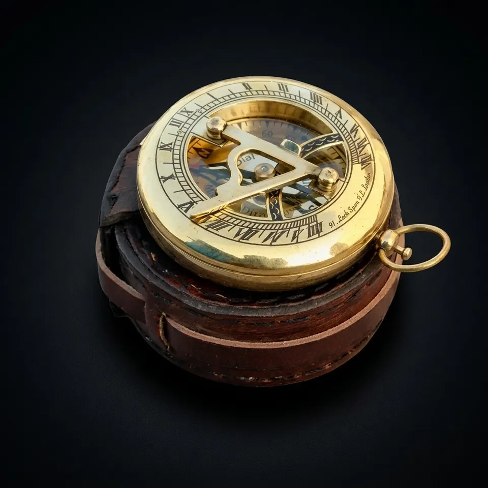 Antique Brass Sundial Compass with Leather Case