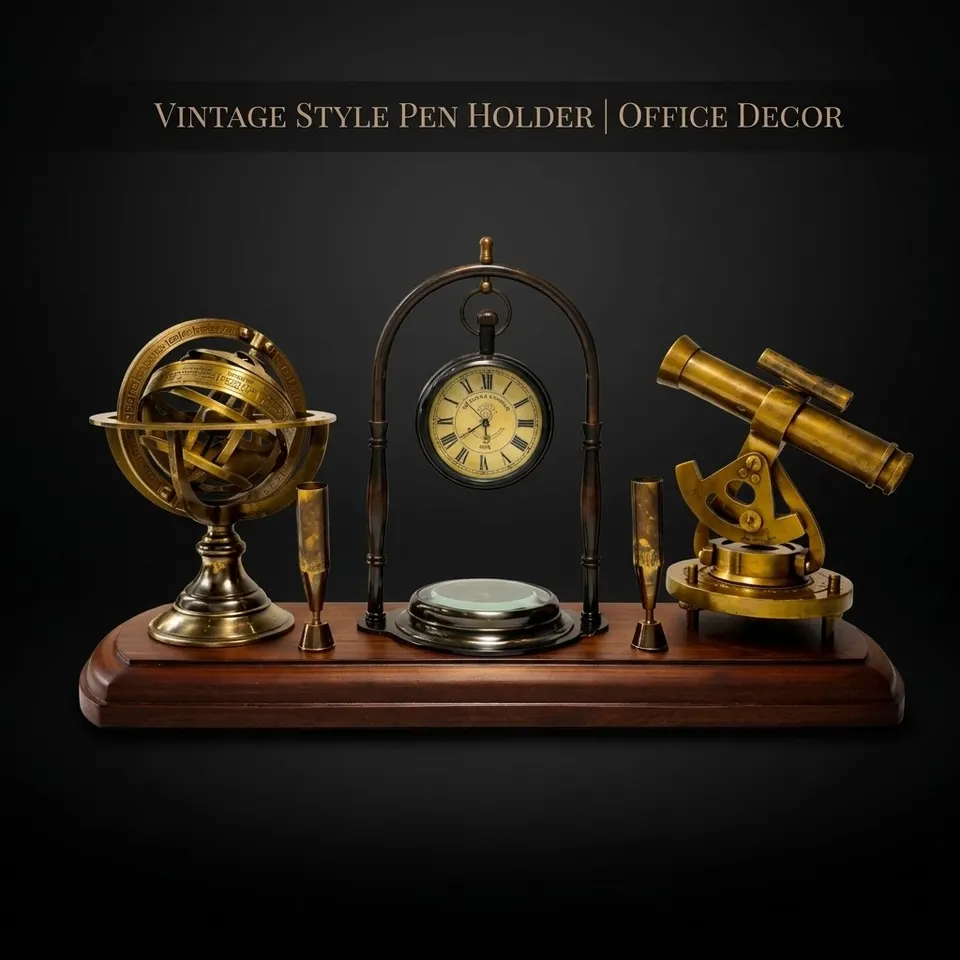 Brass Clock, Armillary Sphere and Alidade Desk Set
