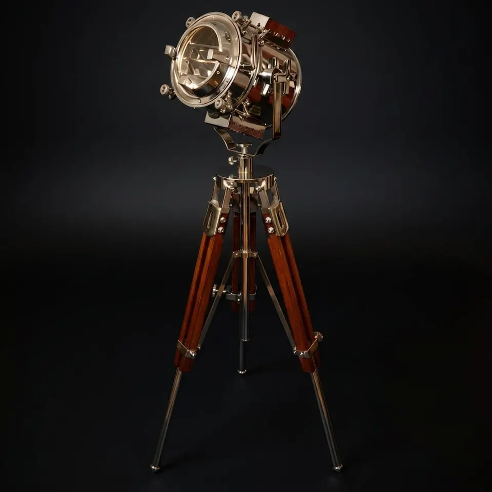 Chrome Spotlight on Wooden Tripod
