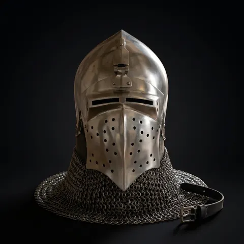 Knight Bascinet Helmet with Chainmail Coif — Crusader view 1