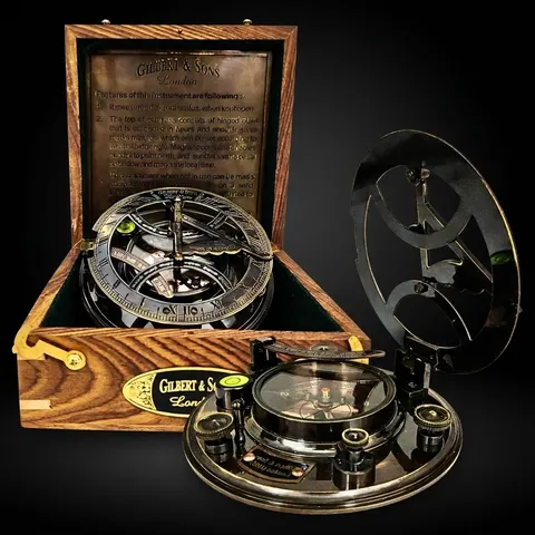 Black Antique Brass Sundial Compass with Rosewood Presentation Box view 1