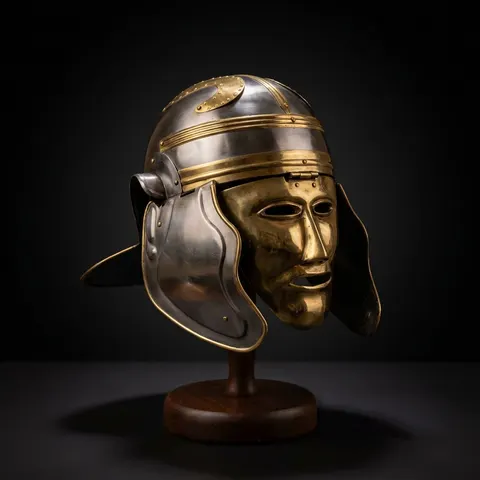 Roman Brass Helmet with Face Mask — Ancient Warrior view 1