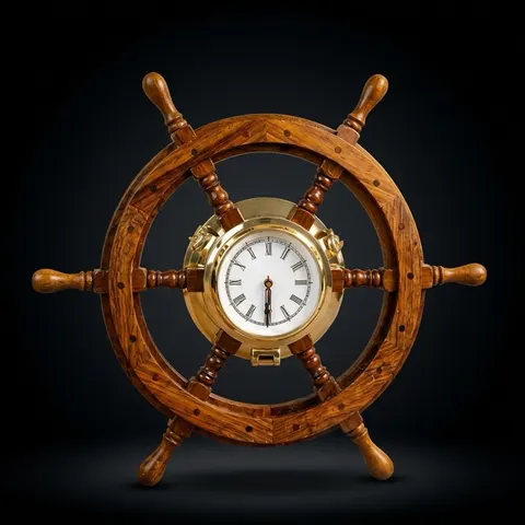 Rosewood Ship Wheel Clock Beveled Glass Porthole view 1