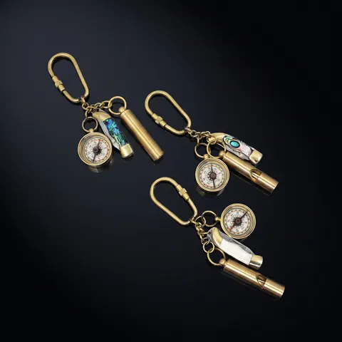 Brass Compass, Whistle and Hourglass Keychain Set view 1