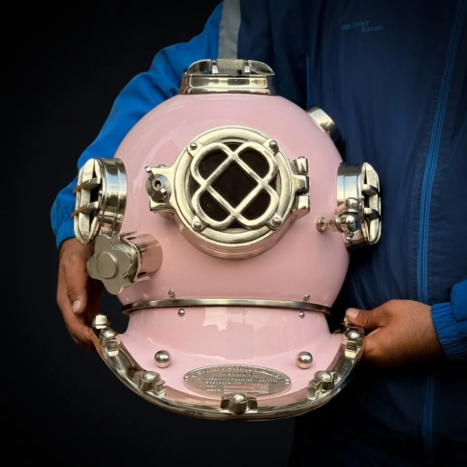 Deep Sea Diving Helmet with Baby Pink Finish and Black Wooden Base
