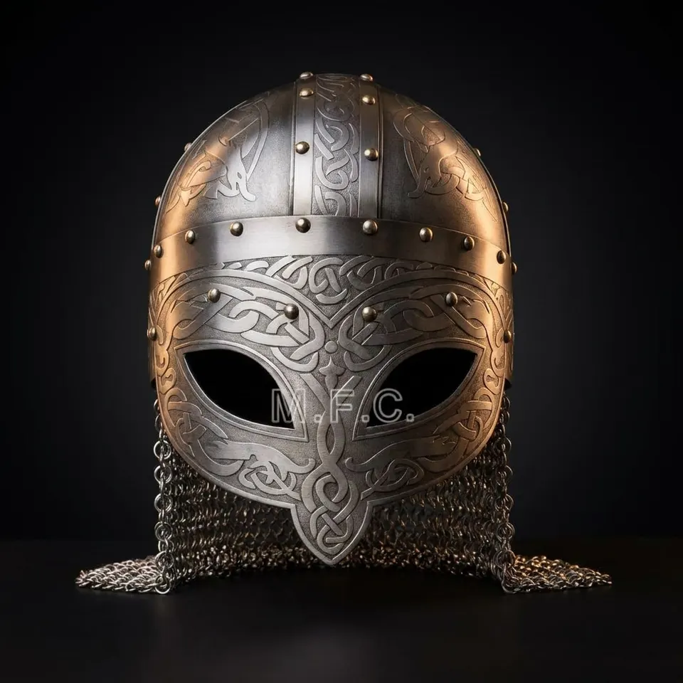 Viking Engraved Helmet with Chainmail Aventail — Norse