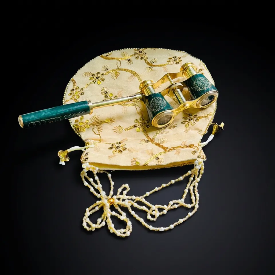 Brass Opera Glasses with Velvet Case — Dark Green Enamel