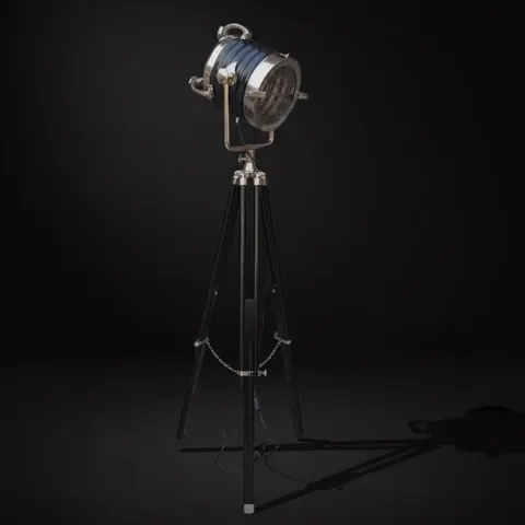 Chrome Spotlight on Black Wooden Tripod view 1