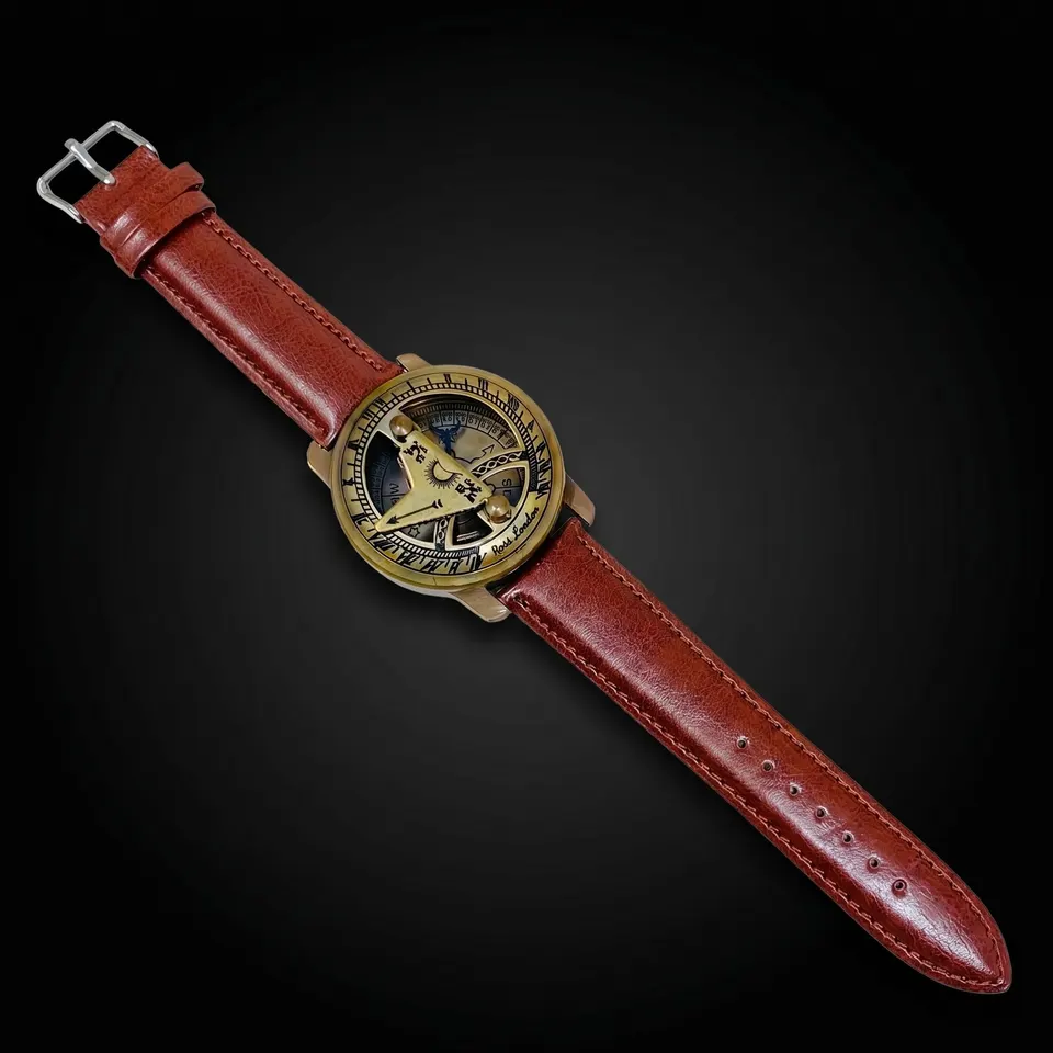 Brass Wrist Sundial Compass with Red Strap